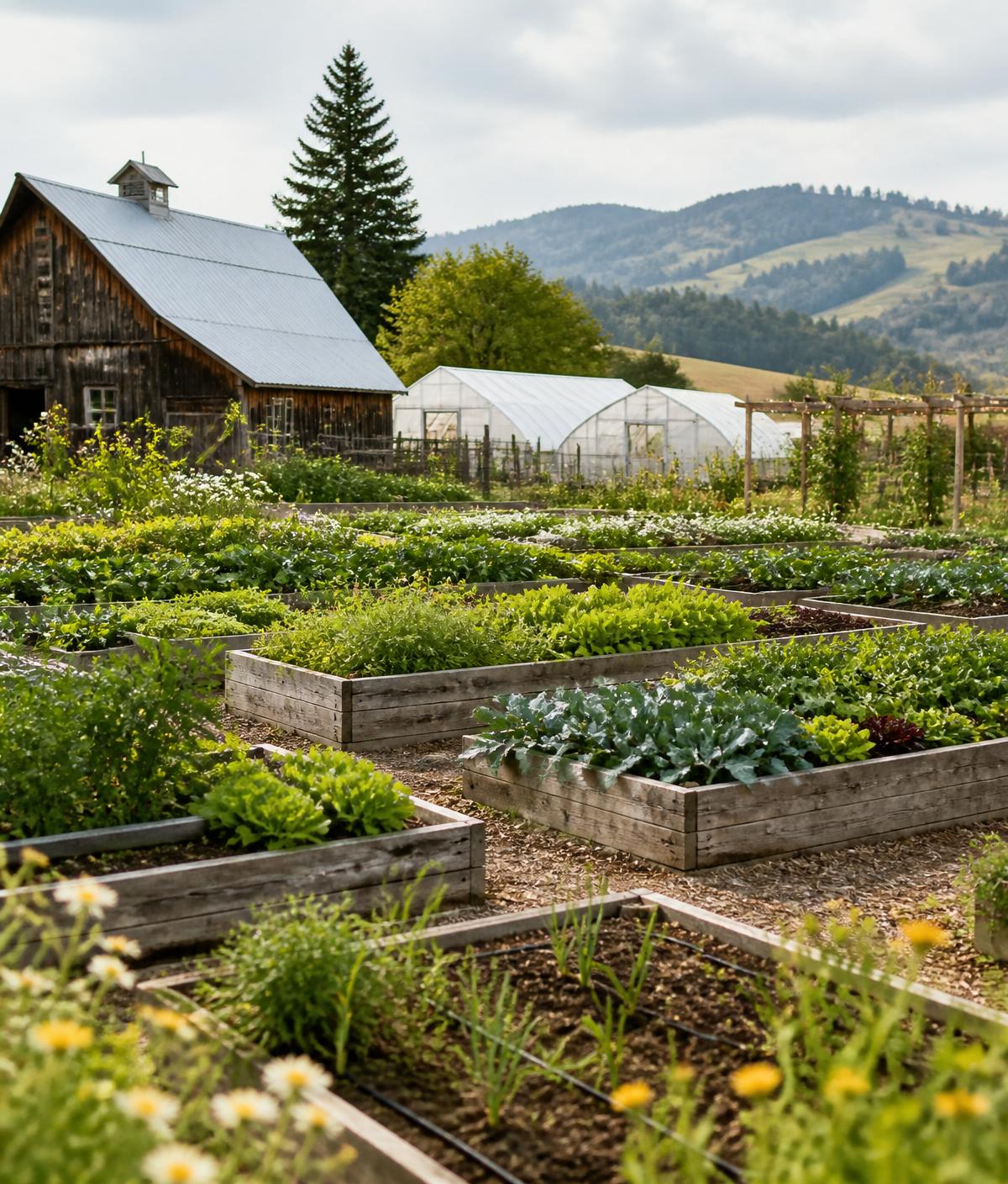 Organic farm landscape with raised beds and greenhouses
