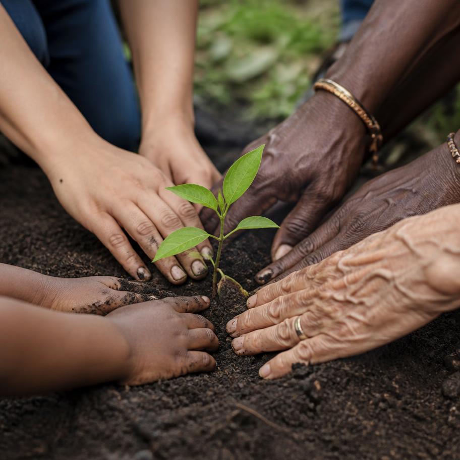 Diverse hands planting a seedling together
